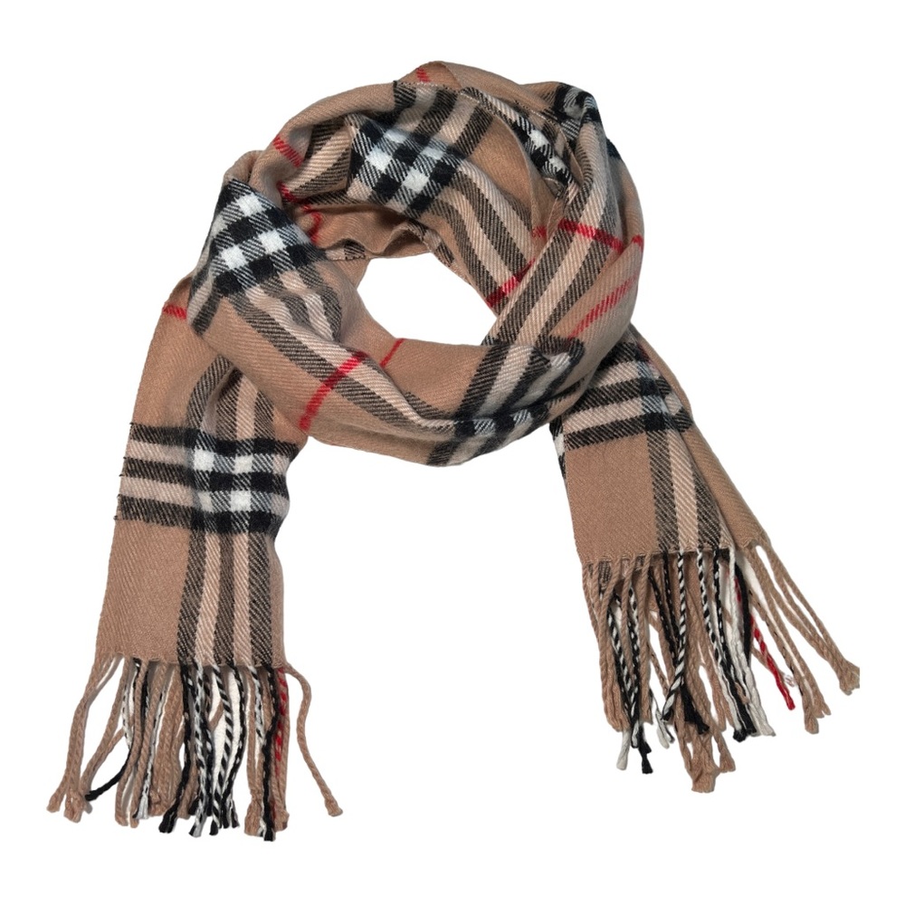 TAN PLAID SCARF WITH FRINGE RED BLACK WHITE 14x64”